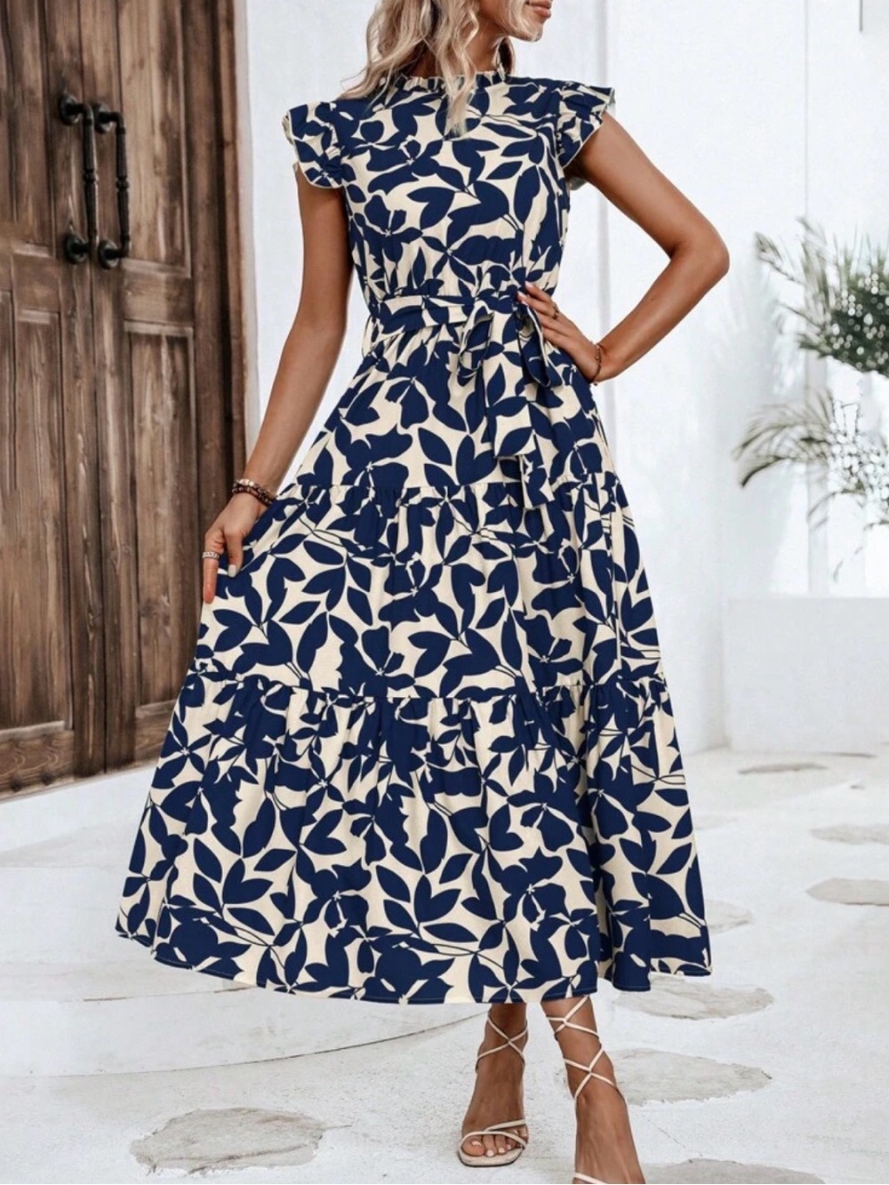 SHEIN Navy and Cream Leaf-Print Tiered Maxi Dress
